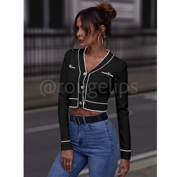 Black Cropped Cardigan Contrast White Binding Button Front - Picture 5 of 7